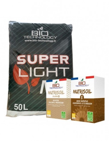 PACK PRÊT À L'EMPLOI SLM 50L +NUTRISOIL 5  350GR + CALMAG 175GR ETIQUETA FRANCESA  BIO-TECHNOLOGY